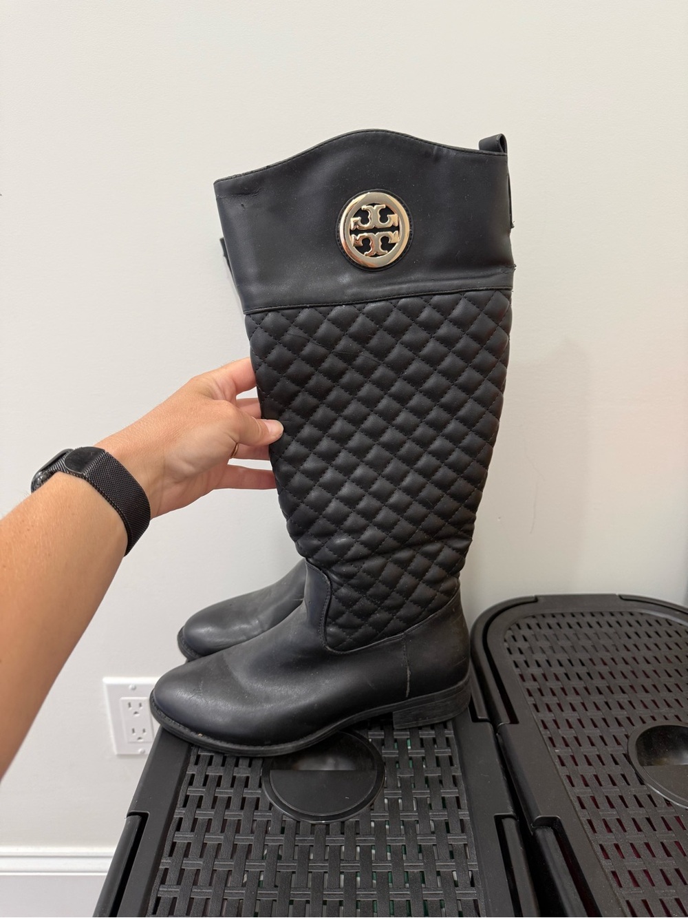 Tory Burch Black Quilted Knee Boots with Gold Logo